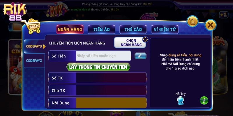 Hướng dẫn nạp tiền Rik88